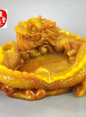 古玩收藏仿玉石原石古寿山石雕田黄石盘龙笔洗摆件客厅装饰