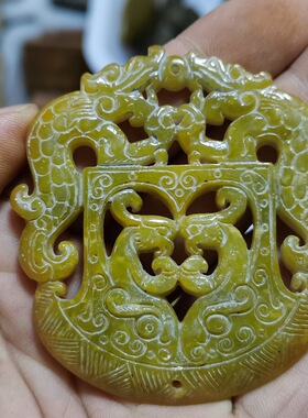 玉石原石仿古玉岫玉雕W双面刻花