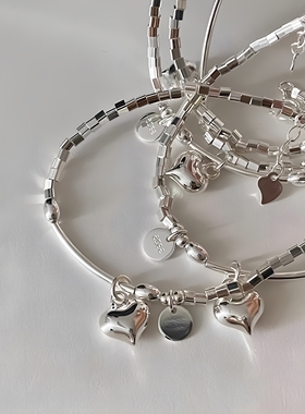 925纯银方块碎银子圆片爱心手链手串女ins时尚简约手环轻奢高级潮