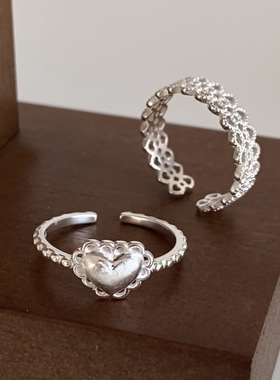 通体999足银镂空蕾丝爱心戒指女ins轻奢小众百搭气质甜美简约通勤