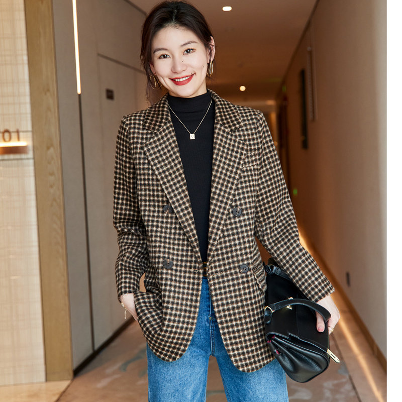 yashlandy复古千鸟格毛呢西装外套女秋冬新款短款收腰气质西服女