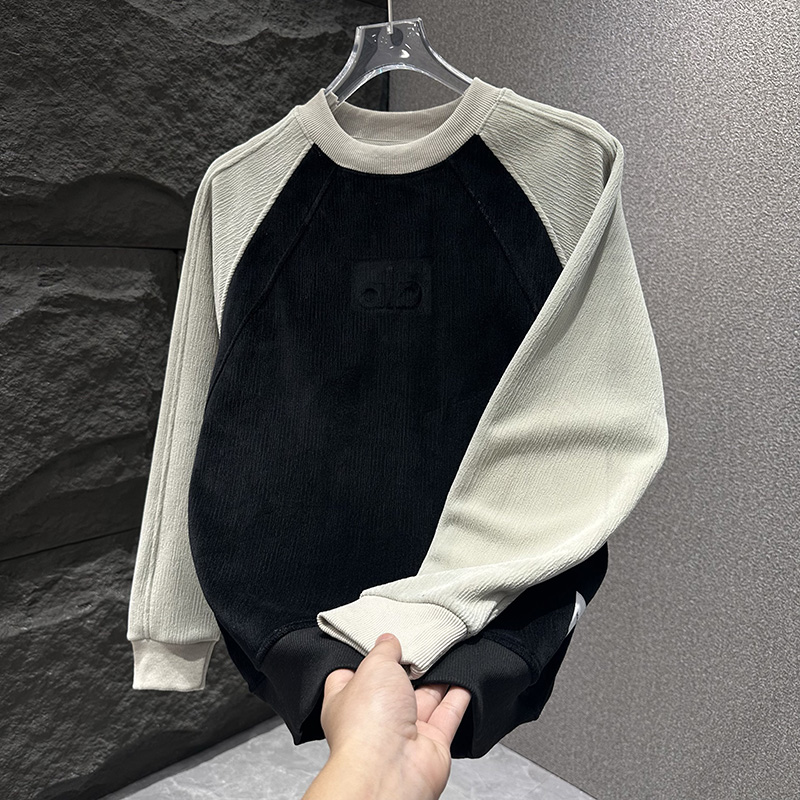 痞帅男士潮流百搭休闲拼色简约圆领卫衣秋冬加绒时尚字母钢印上衣 - 图1