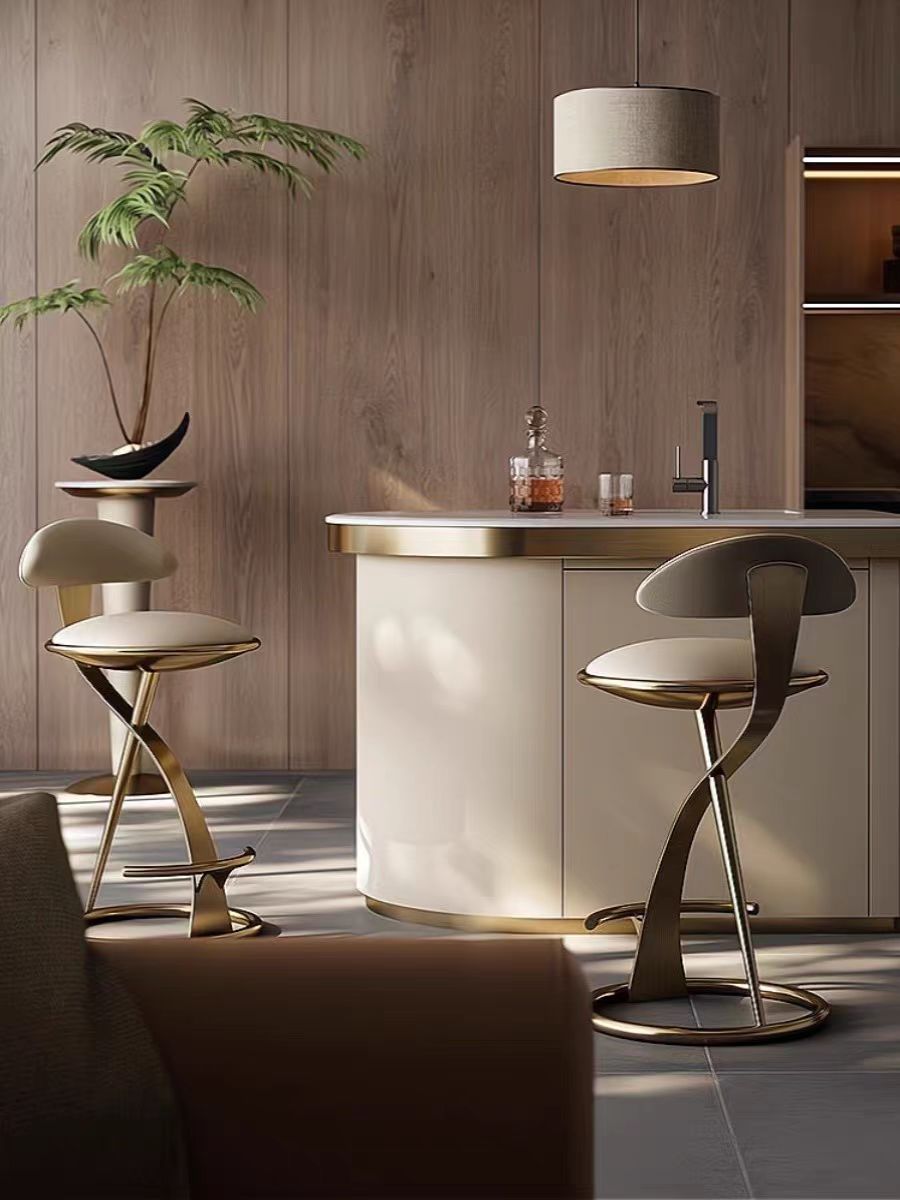 Italian simple stainless steel high stool bar chair light luxury high-end home hotel leather bar chair backrest