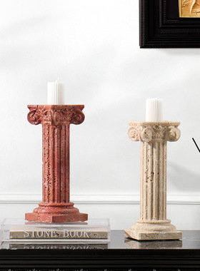 中古风轻奢天然洞石罗马柱烛台装饰摆件复古桌面软装搭配设计陈列