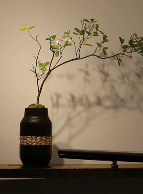 新中式碳化木黑色花瓶侘寂中古软装高档桌面插花器室内阳台玄关