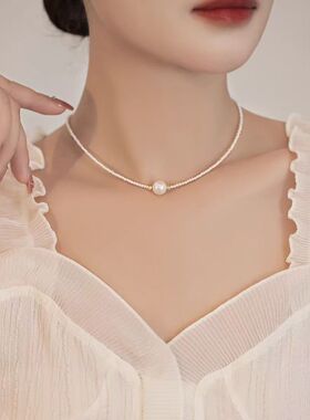 法式复古白色小米珠锁骨链 单颗大贝珠吊坠 轻奢小众设计感颈链