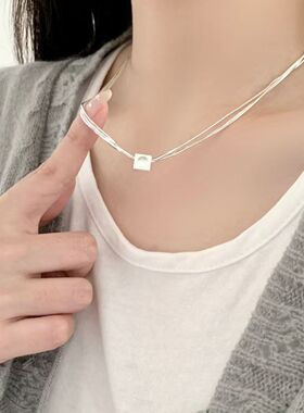 韩系简约多层细链方牌锁骨链女S925银轻奢百搭闺蜜款气质颈链