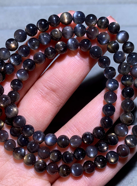 天然黑金骨干长石三圈手串金黄色