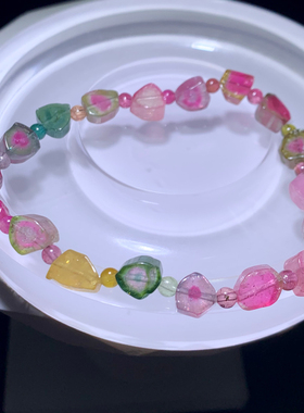 天然溏心西瓜碧玺原石切割手链女