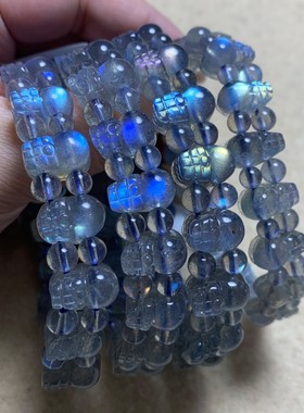 天然彩光灰月光拉长石貔貅手链女