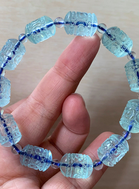 天然冰透海蓝宝回纹珠手链饰品女