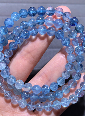 天然冰透海蓝宝手链三圈清透蓝色