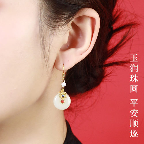 老银匠s925银和田玉耳坠女款新中式国潮风平安扣玉环耳钉纯银耳圈 - 图0