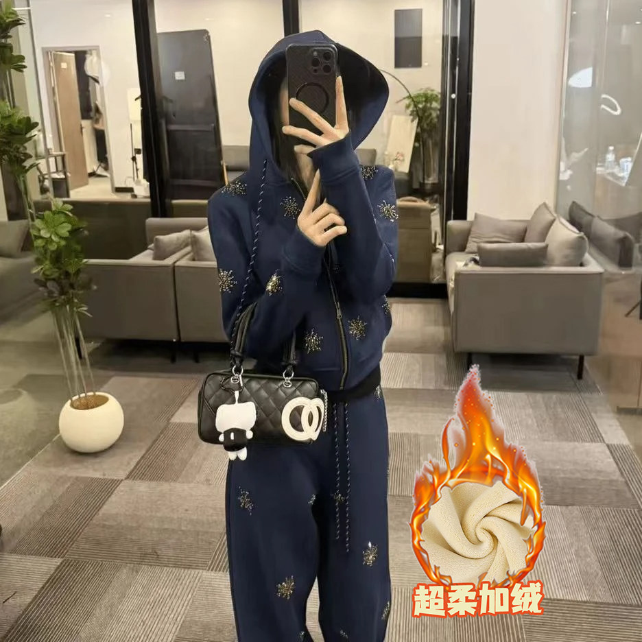 加绒加厚慵懒风高级感两件套装女新款韩版时尚保暖显瘦连帽套装女