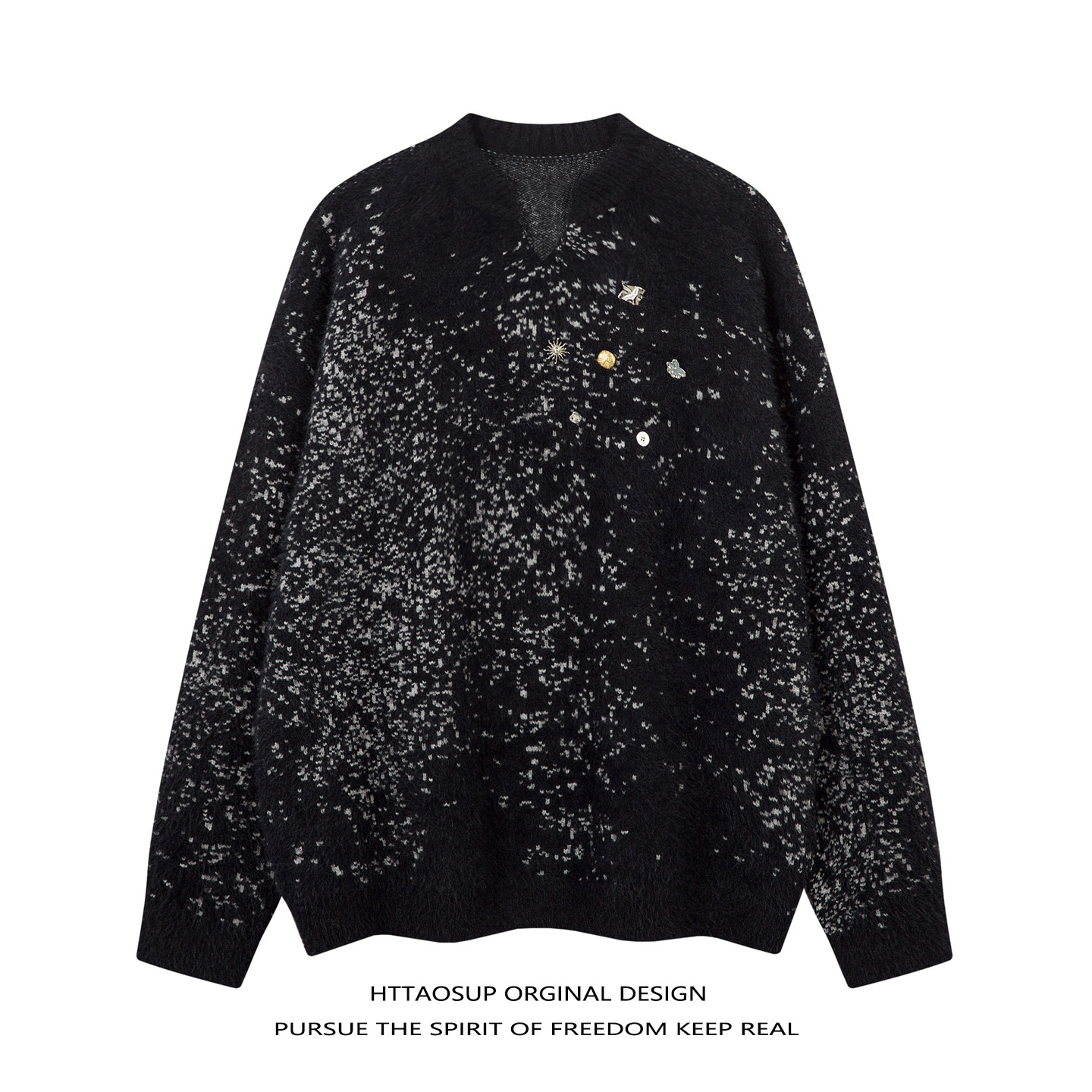 HTTAOSUP复古装饰扣V领毛衣男女秋冬宽松高级感针织衫套头上衣,淘宝优惠券,粉丝福利购,淘宝优惠卷