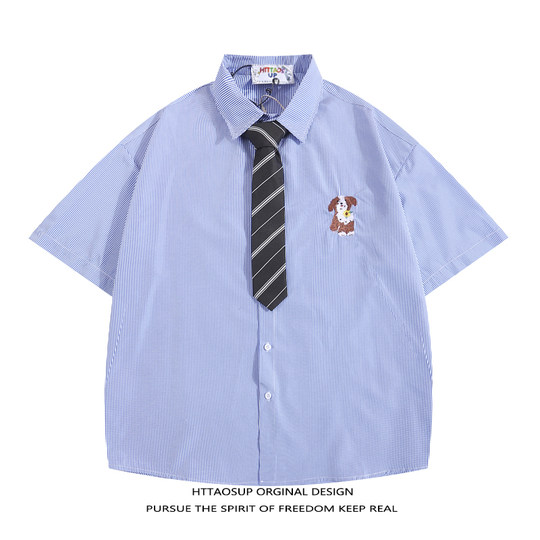 Рубашка с короткими рукавами и галстуком в стиле японского ретро-щенка с вышивкой