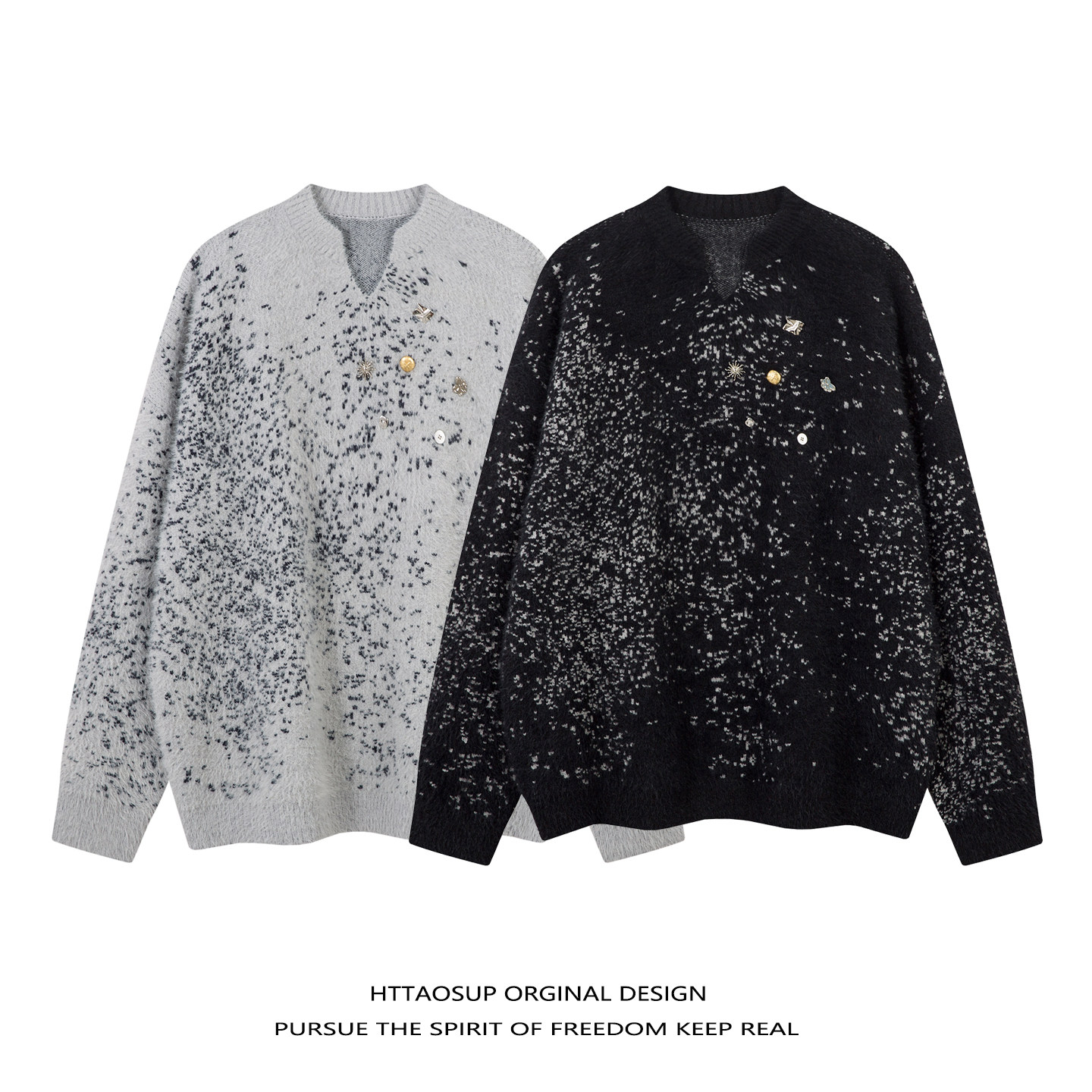 HTTAOSUP复古装饰扣V领毛衣男女秋冬宽松高级感针织衫套头上衣,淘宝优惠券,粉丝福利购,淘宝优惠卷