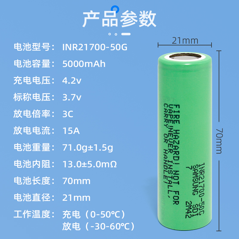 21700锂电池三星50G大容量5000毫安3C动力电芯3.7V15A放电正品 - 图1