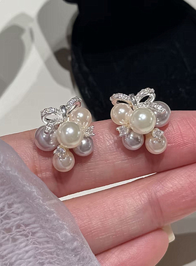 银色锆石蝴蝶结珍珠葡萄耳钉女