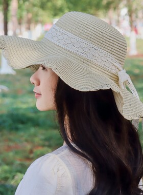 遮阳帽子大蝴蝶结太阳草编帽檐