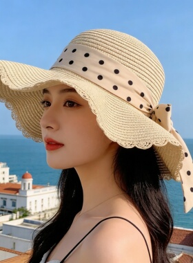 法式波点蝴蝶结大檐防晒草帽女