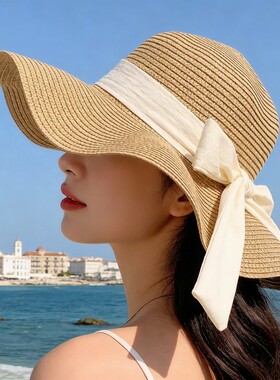 草帽女夏季防晒帽户外出游碎花遮阳帽海边度假大帽檐可折叠沙滩帽
