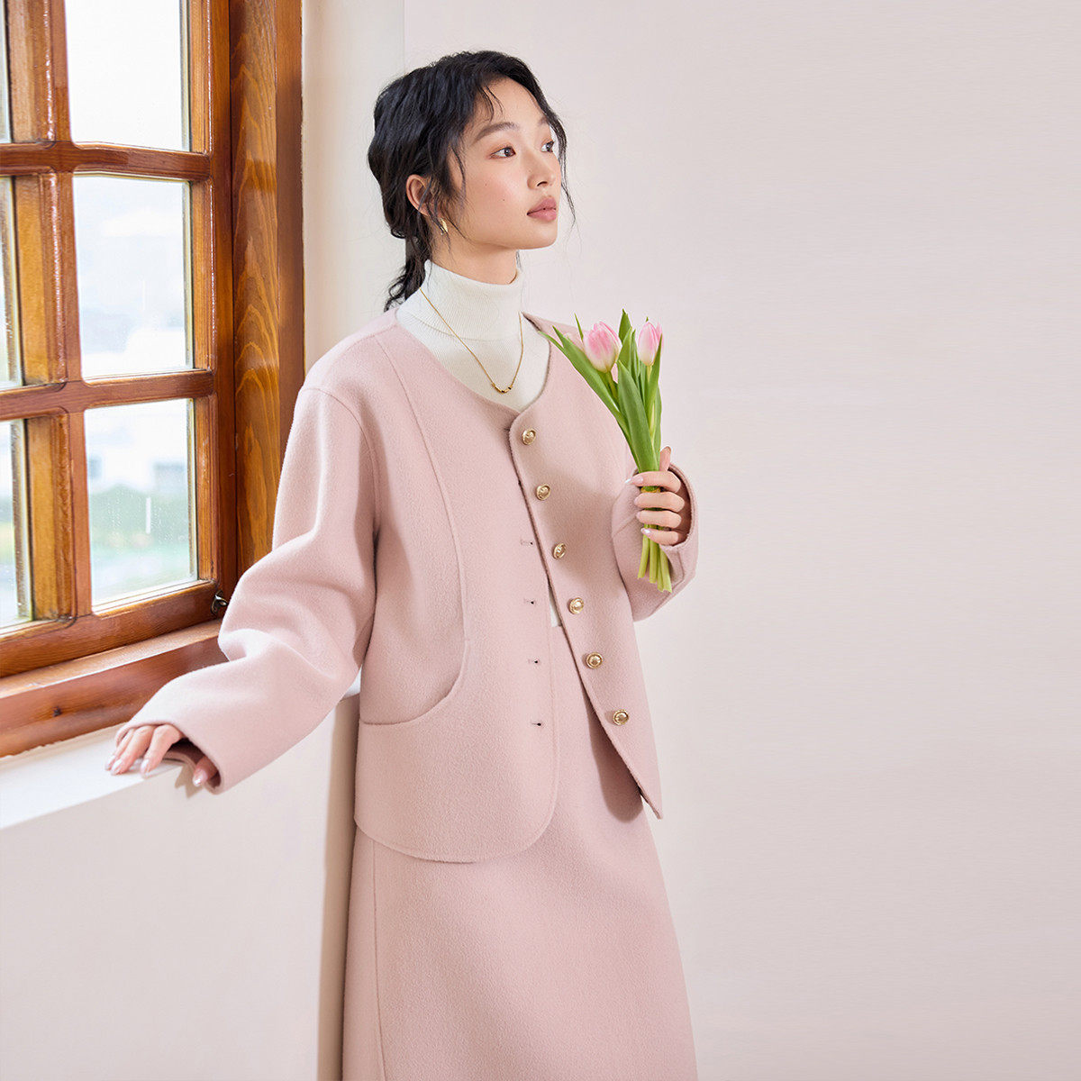 茵曼2025冬季新款双面呢绵羊毛两件套装女毛呢外套大衣半身长裙,淘宝优惠券,粉丝福利购,淘宝优惠卷