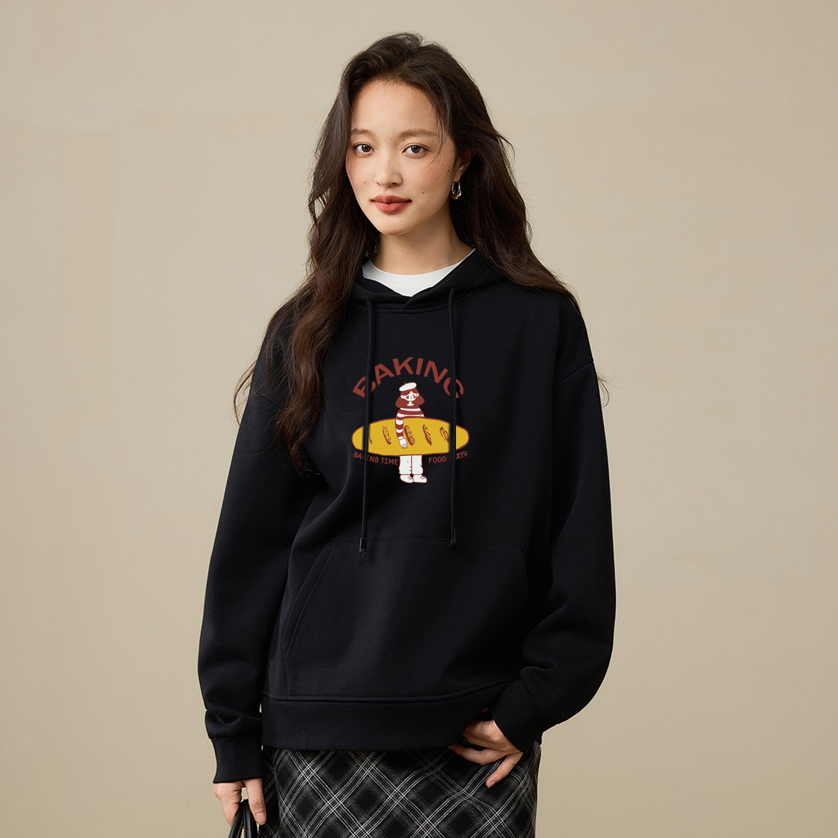 茵曼2025冬季新款长袖加绒保暖卫衣外套女士连帽宽松休闲百搭上衣 - 图2