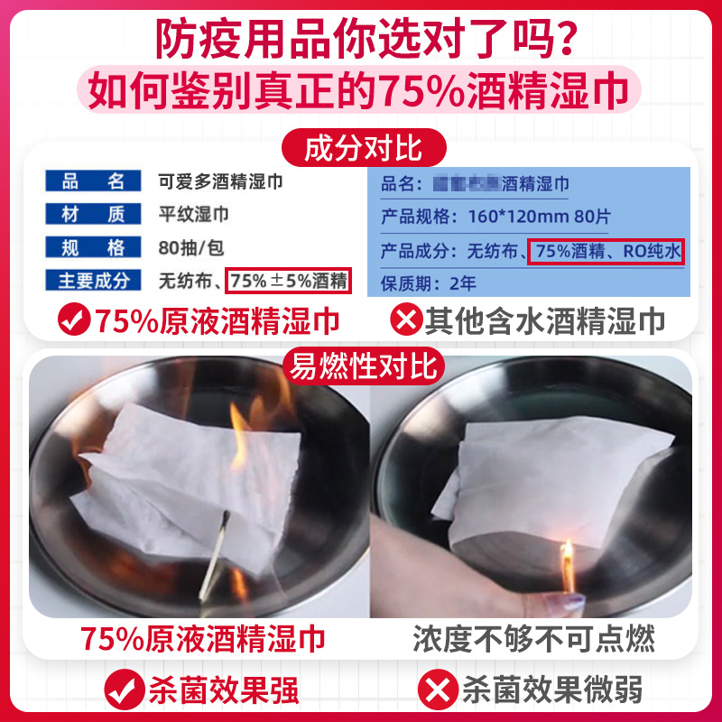 可爱多纯75%酒精消毒湿巾清洁杀菌大包装家用学生办公卫生湿纸巾