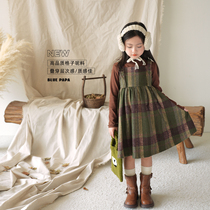 Blue Little Dad Girl Plaid Harness Dress 2023 Fall New Retro Sleeveless Skirt Baby Son Tie Dress