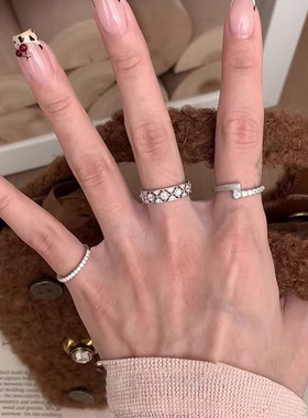 新款小众高级感轻奢满钻锆石中古菱格纹蕾丝开口戒指女精致百搭戒