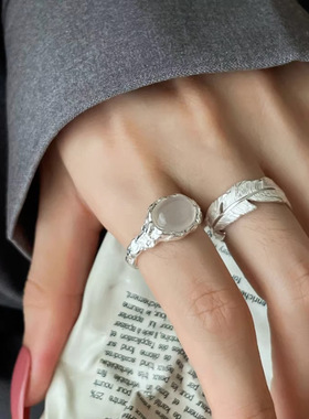 小众重工白猫眼石戒指女冷淡风时尚精致百搭高级感羽毛开口食指戒