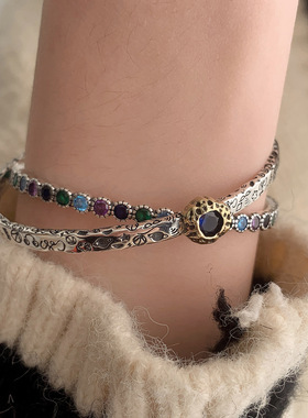 s925银重工复古蓝色锆石撞色涂鸦手镯女ins小众设计气质轻奢时尚