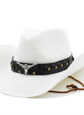 新牛头皮带草帽藏族藏式西部牛仔礼帽可折叠民族风Straw Hat