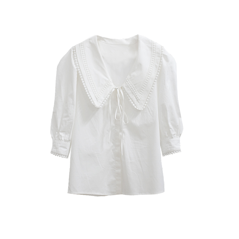 Bela studio法式复古娃娃领系带泡泡袖纯棉显瘦衬衣女博主同款 - 图3