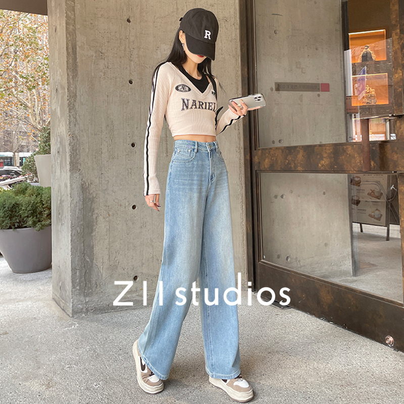 Z11 studios夏季薄款牛仔裤女士浅蓝色复古高腰垂感阔腿宽松裤子-图0