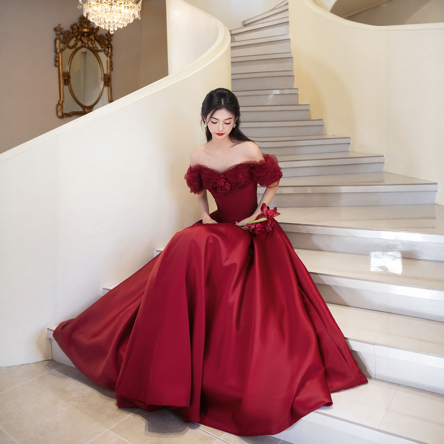 敬酒服2025新款新娘一字肩酒红色结婚订婚高档晚礼服气质显瘦缎面 - 图1