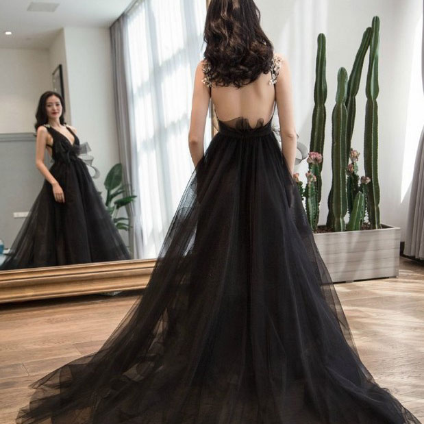 性感露背名媛深v晚会黑色礼服2018新款长款婚