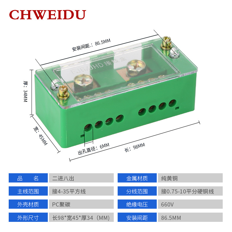 单相二进八出接线端子排FJ6家用分线盒2进8出电线分线端子连接器 - 图0