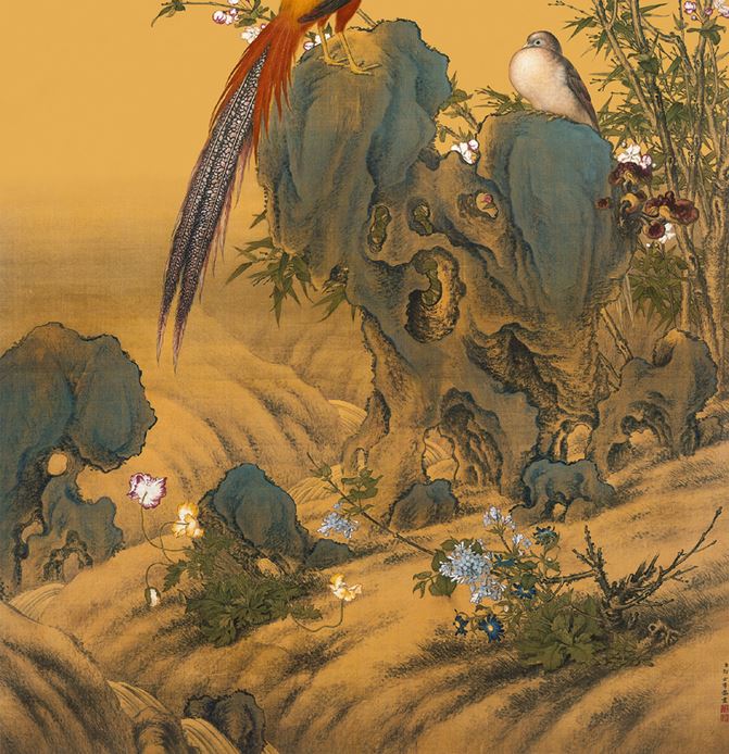 清 郎世宁 锦春图仿古名画复制客厅书房玄关装饰画花鸟画卷轴挂画 - 图1