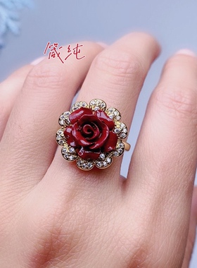 纯天然朱砂戒指S925银活口可调节富贵花开戒指福袋指环活口可调节
