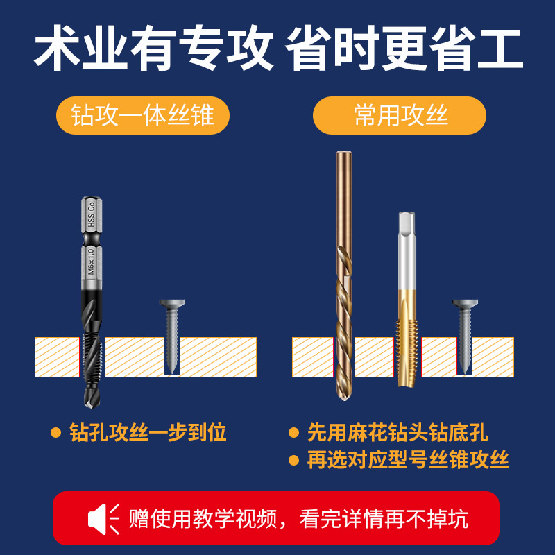 迪跃复合丝锥钻头 钻攻一体丝攻 钻孔攻丝三合一带自攻牙神器套装