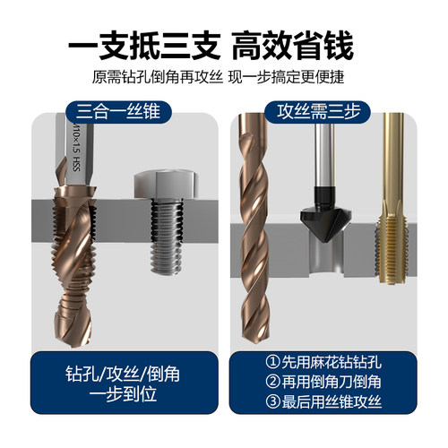 迪跃钻攻一体倒角丝锥 电钻钻孔攻丝复合丝攻 不锈钢攻牙螺纹钻头 - 图1