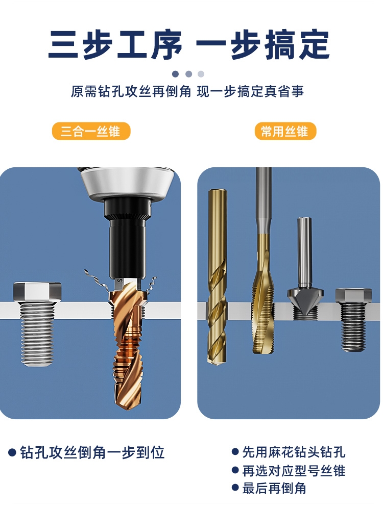 迪跃攻丝钻头丝锥套装打孔攻丝倒角一体攻牙工具手用电钻丝攻自攻