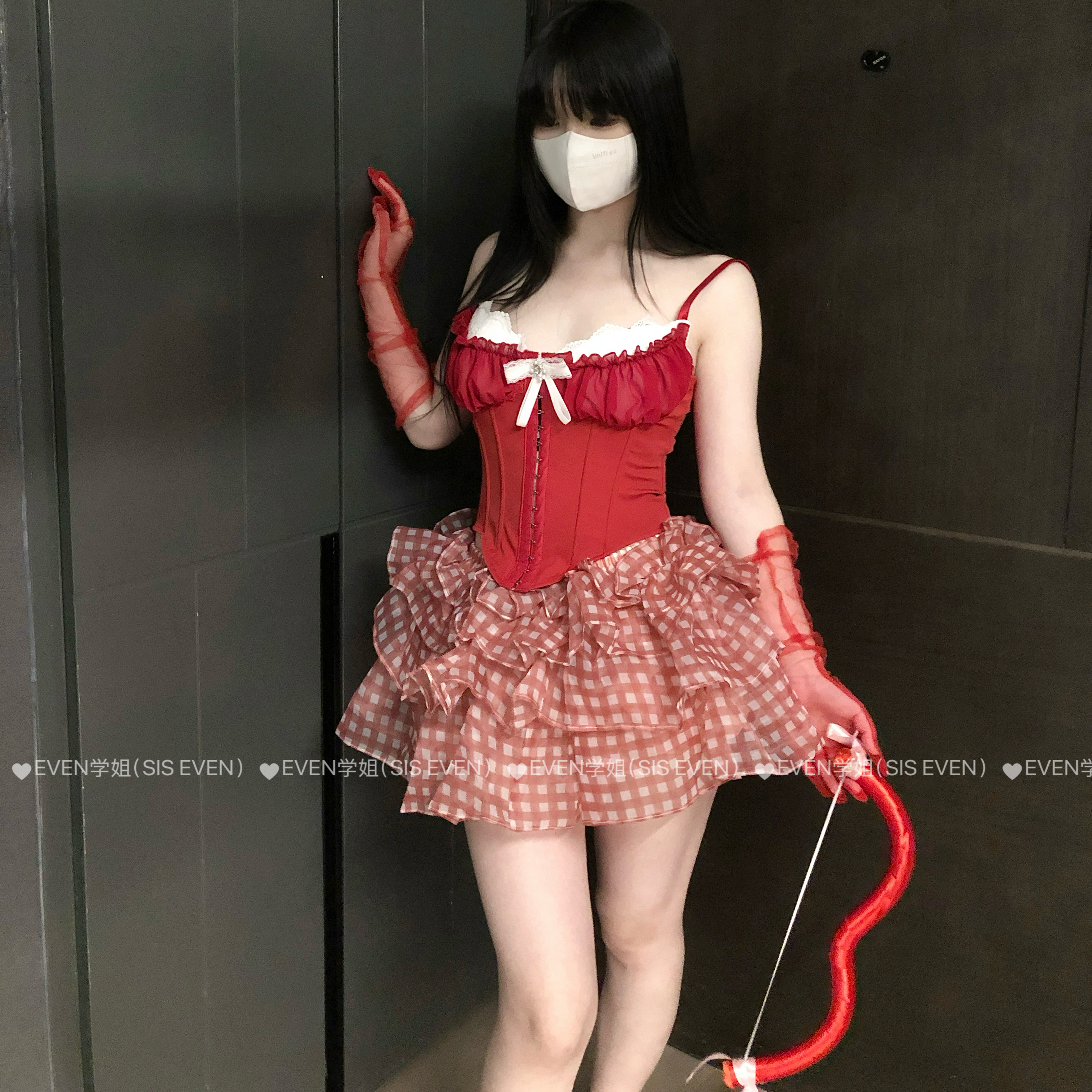 even学姐：绯色爱神*圣诞cos纯欲网纱拼接蕾丝鱼骨吊带蓬蓬裙套装 - 图3