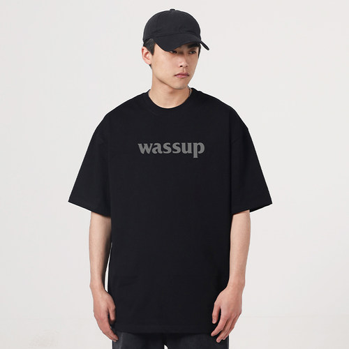 WASSUP HEODS简约t恤体内搭国潮流蓝色字母纯棉休闲上衣男女情侣 - 图0