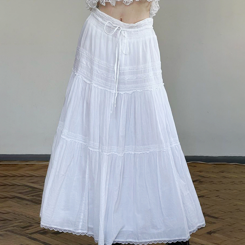 DARLINGAGA法式浪漫压褶蕾丝拼接半身裙a字高腰长裙女垂感小白裙