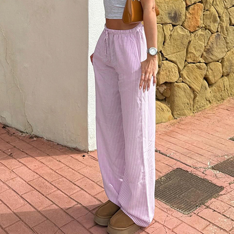 DARLINGAGA欧美简约风绑带低腰条纹休闲裤女甜辣粉色宽松直筒长裤,淘宝优惠券,粉丝福利购,淘宝优惠卷