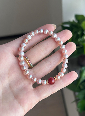 粉紫色淡水珍珠手串女朱砂红串珠手链轻奢气质新中式本命年手饰品