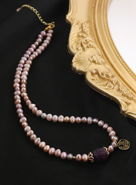 蛇年爆款天然淡水紫色珍珠项链回纹路手链套装高级送闺蜜轻奢礼物